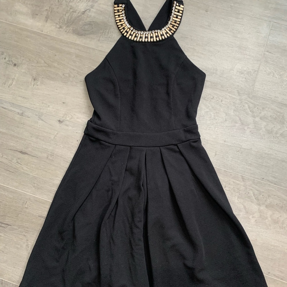 Embellished Black Skater Dress with Jewels and Hardware on Neckline. Size M.